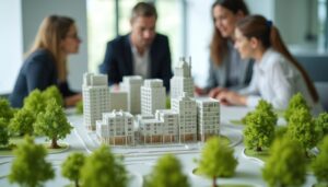 Business team studies scale model of new buildings. Architects discuss urban planning project together. Professionals review real estate development at office. Teamwork collaboration concept. Model